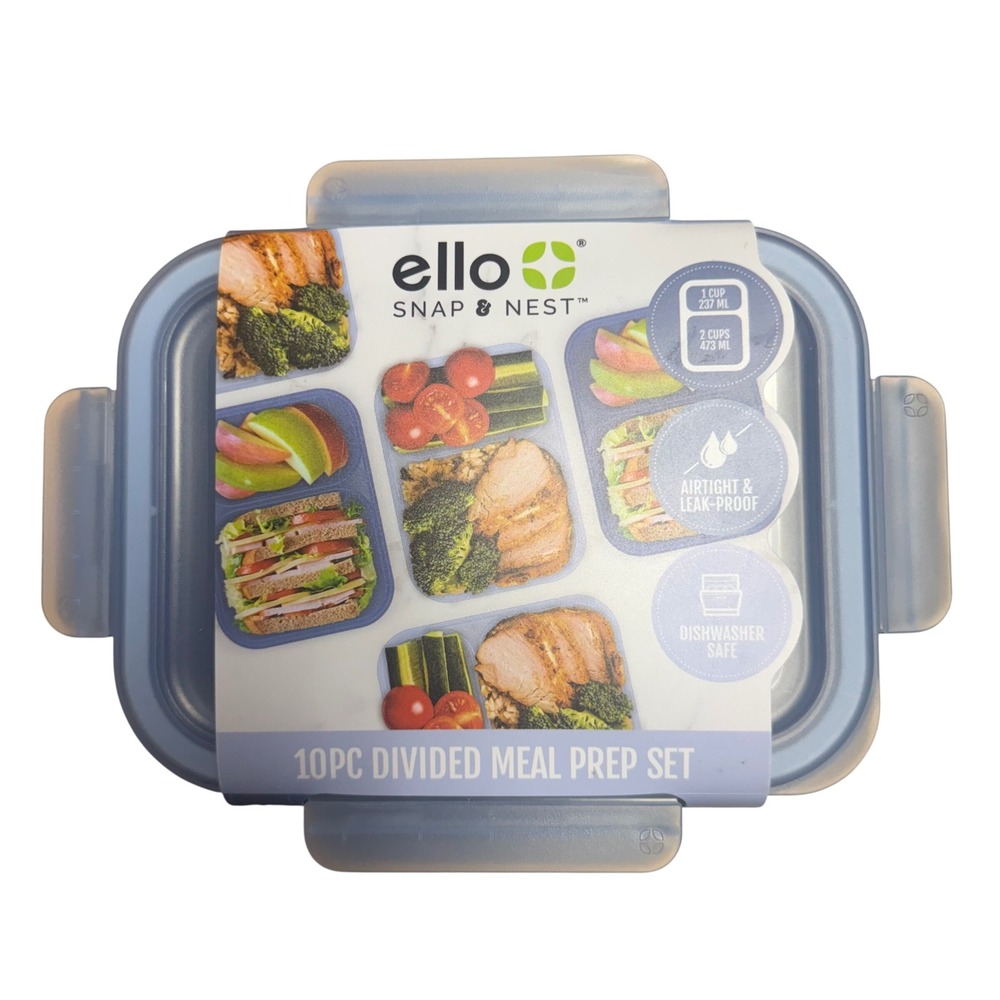 Ello Snap & Nest 10pc Meal Prep Set Blue 2-Compartment Leak-Proof Food Container